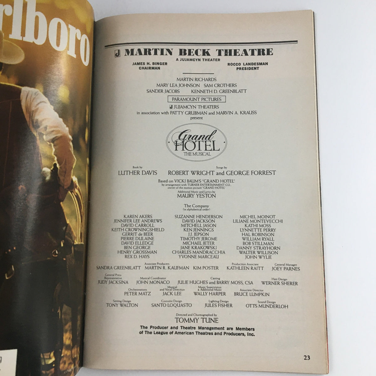 Cast and crew listing from the 1990 Playbill for Grand Hotel The Musical, detailing the production team and performers.