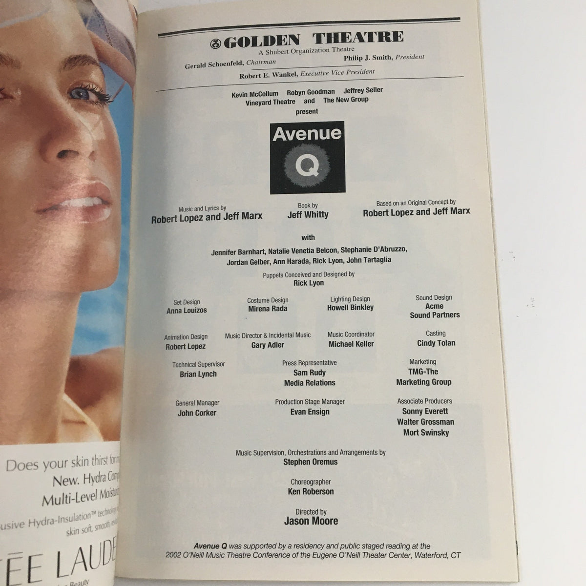 The cast and crew details page from the 2004 Playbill for Avenue Q, listing key contributors including Robert Lopez, Jeff Marx, and director Jason Moore at Golden Theatre.