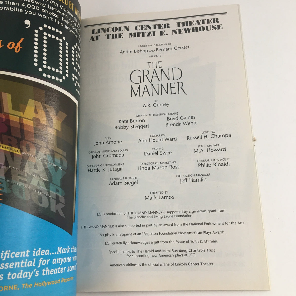 Interior page of the 2010 Playbill Lincoln Center Theater Presents Andre Bishop in The Grand Manner listing the cast and crew of the production.