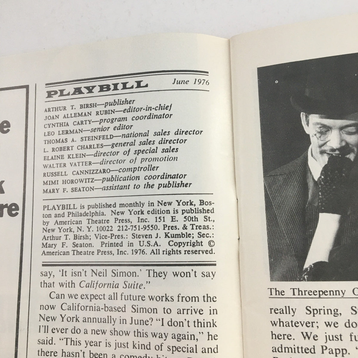 1976 Playbill Uris Theatre lineup details including contributors for The Merry Widow performance by The Australian Ballet.