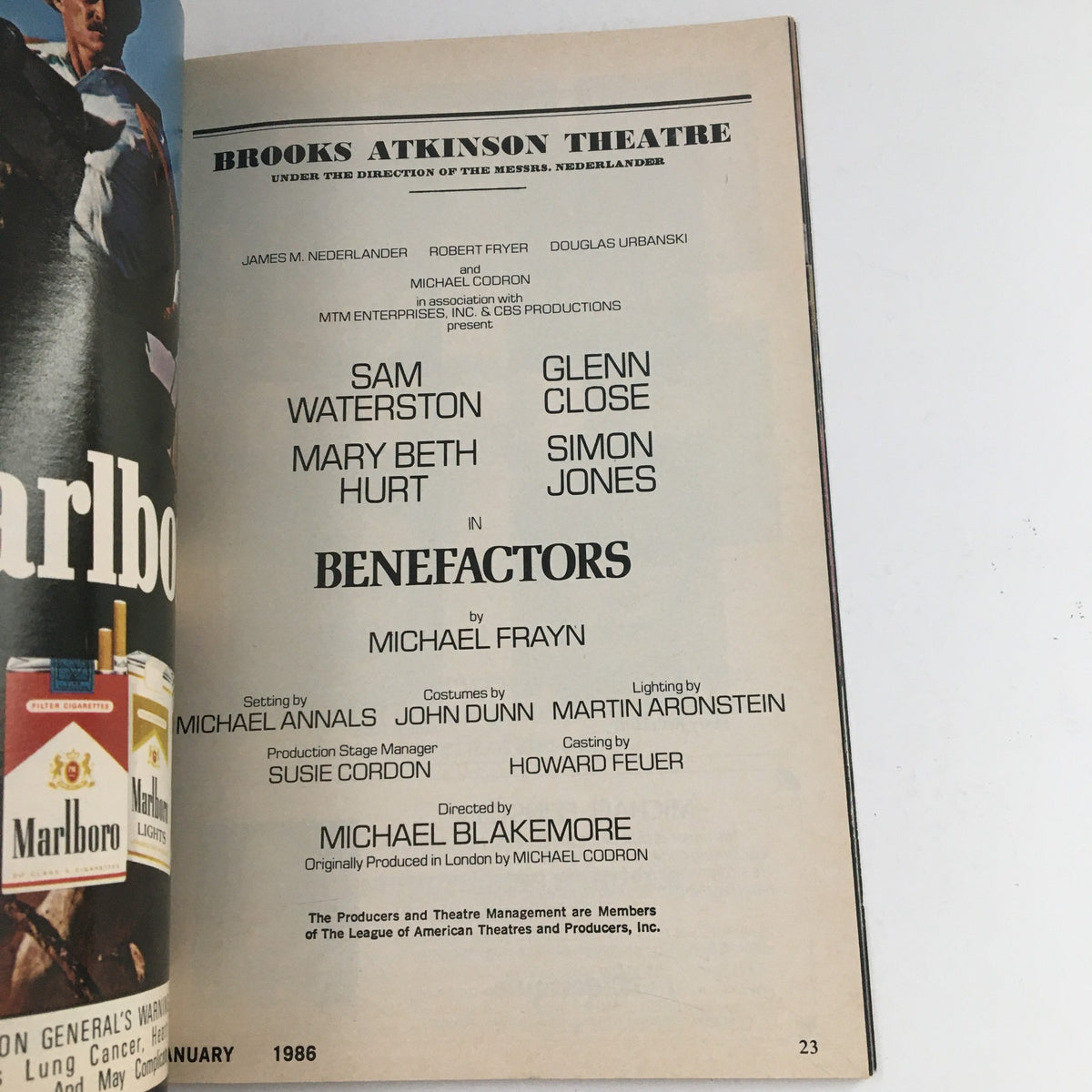 Interior page of the 1986 Playbill for Benefactors at Brooks Atkinson Theatre, listing cast and production details.