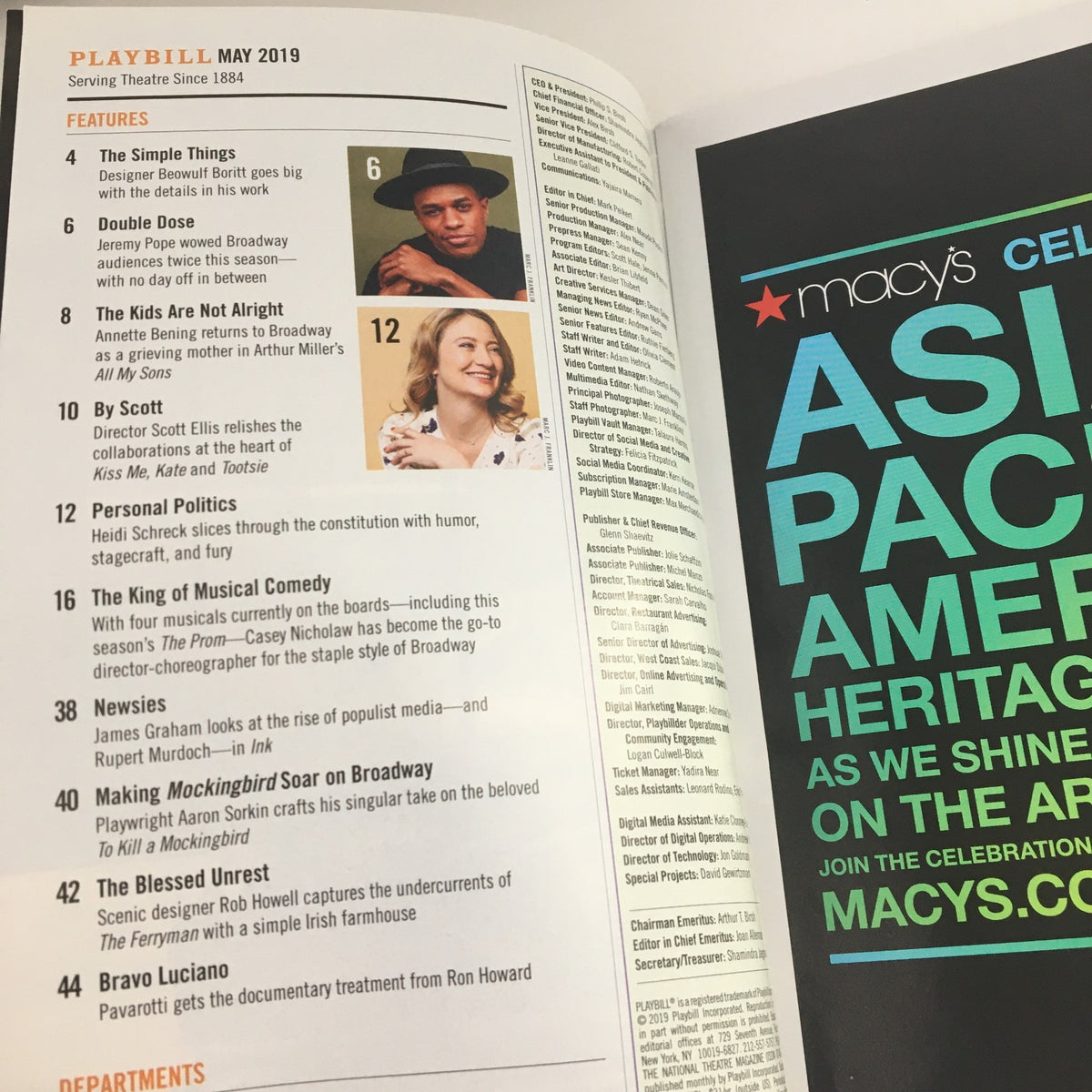 Inside page of the 2019 Playbill Circle In The Square Present Rodgers & Hammerstein's Oklahoma, featuring articles and information about theater events.