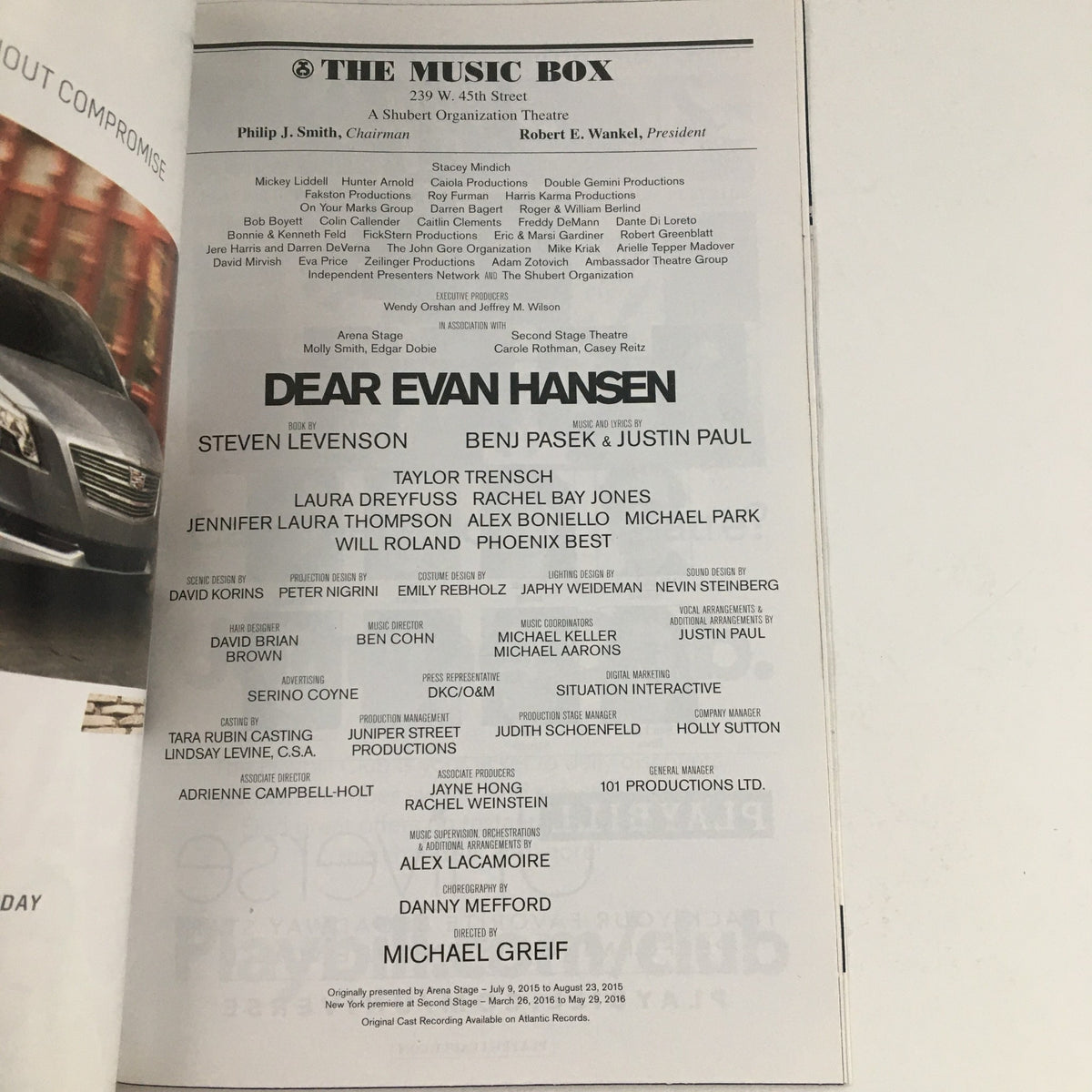Inside page of the 2015 Playbill for Dear Evan Hansen showing the cast and production team credits from The Music Box Theatre.