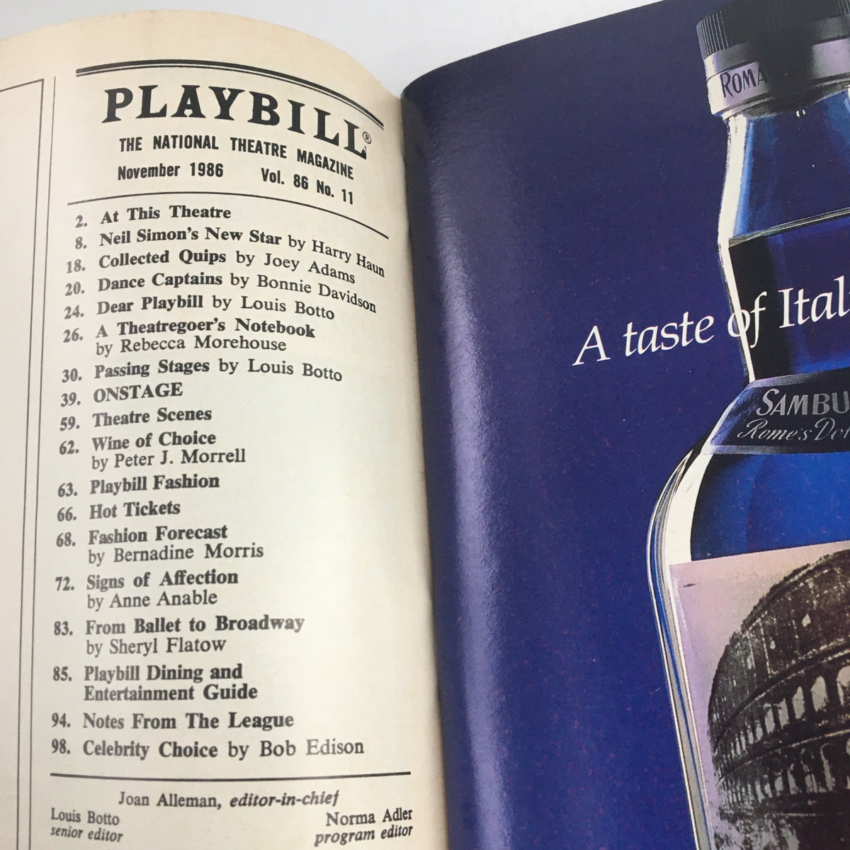 Inside page of the November 1986 Playbill, showcasing various listings and articles.