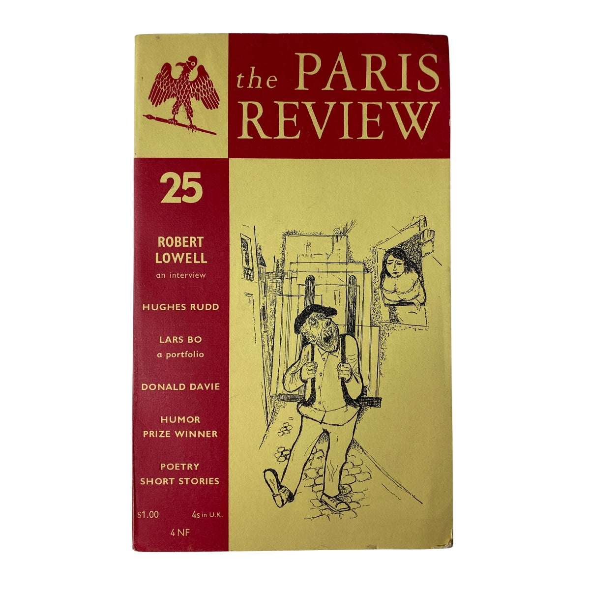 The Paris Review Magazine Spring 1961, No. 25 featuring Robert Lowell, with a cover illustration, highlighting contents including interviews and short stories.