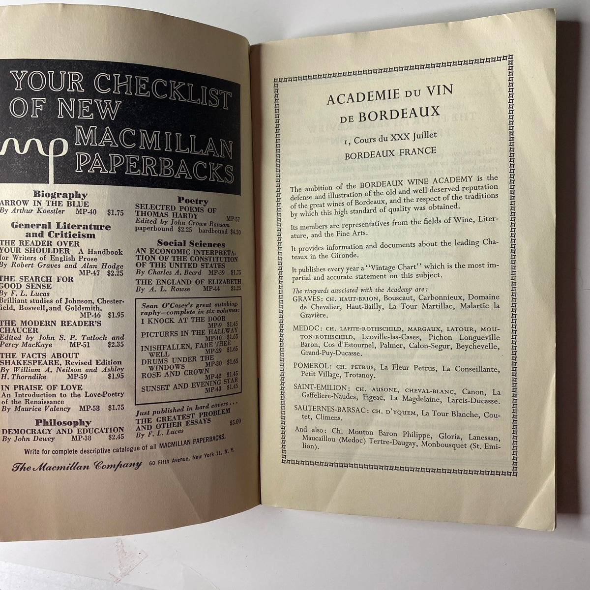 Page from The Paris Review Magazine Summer-Fall 1961 No. 26 featuring a checklist of new Macmillan paperbacks, indicative of contemporary literary culture.