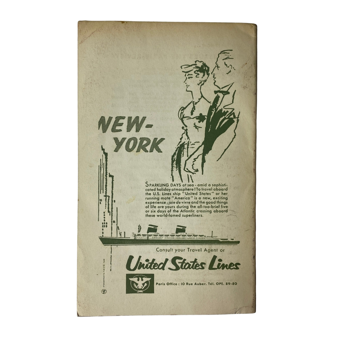Back cover of The Paris Review Magazine Summer-Fall 1961 No. 26 promoting travel to New York with a vintage illustration and details for United States Lines.