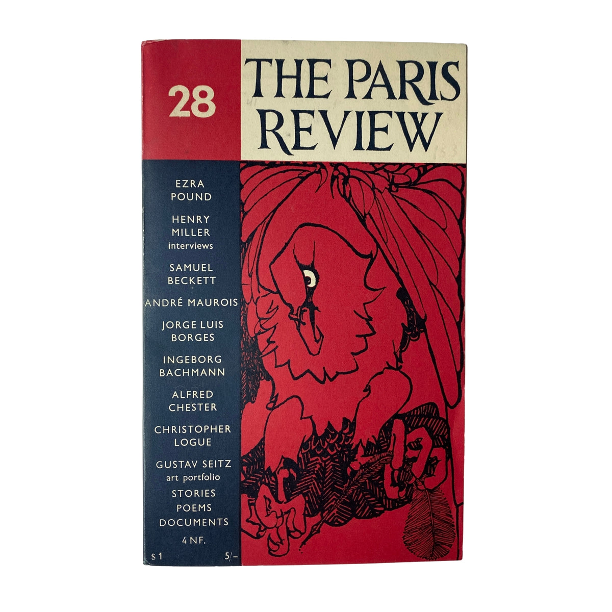 Cover of The Paris Review Magazine, Summer-Fall 1962, No. 28 featuring artwork by David Edwards, highlighting Ezra Pound and Henry Miller interviews alongside works by Samuel Beckett and Jorge Luis Borges.