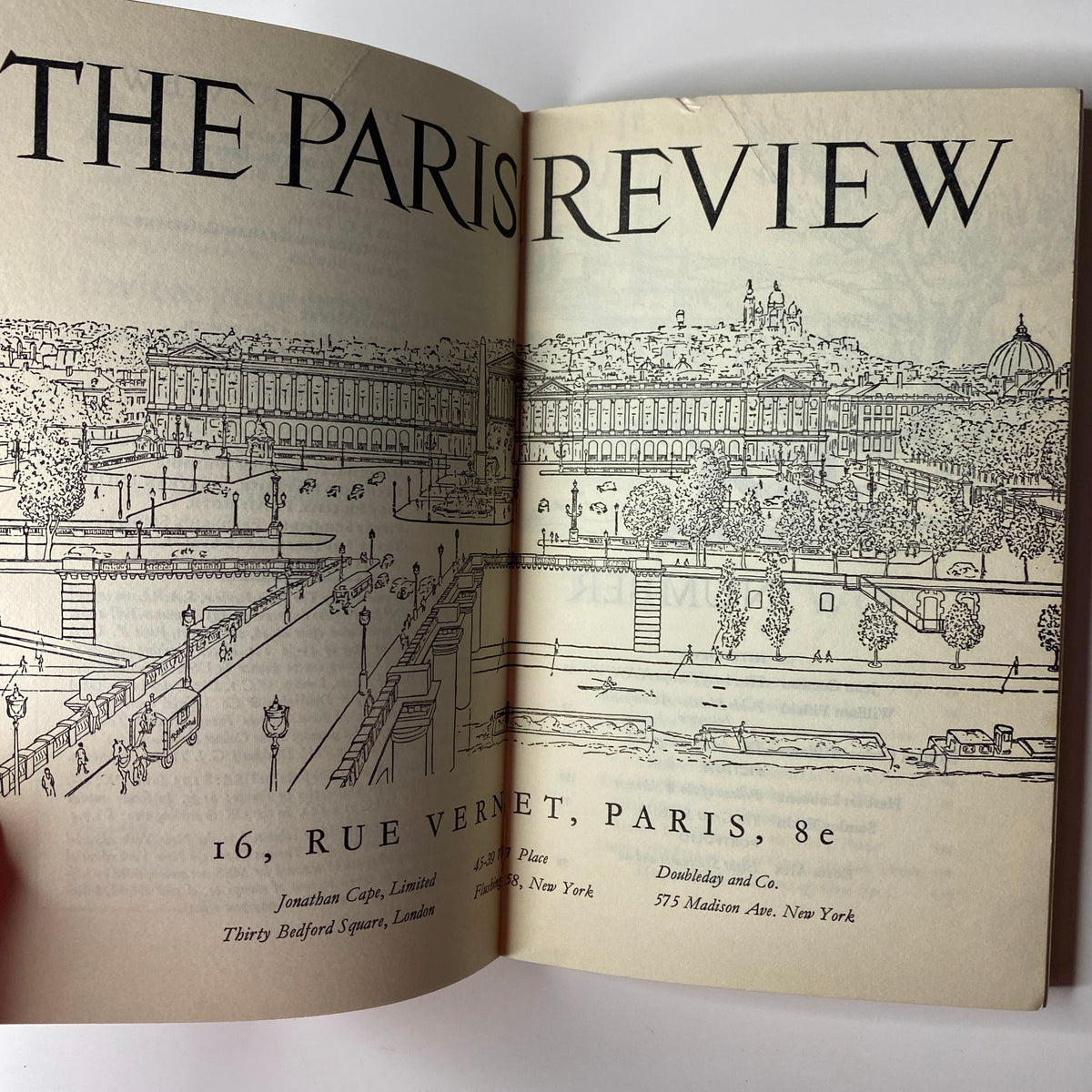 Inside page of The Paris Review Magazine Summer-Fall 1964 No. 32 with a drawing of the publication's Paris address.