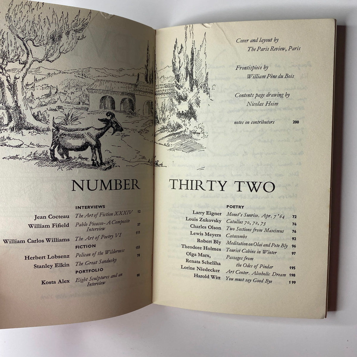 Contents page of The Paris Review Magazine Summer-Fall 1964 No. 32 listing articles, interviews, and contributions.
