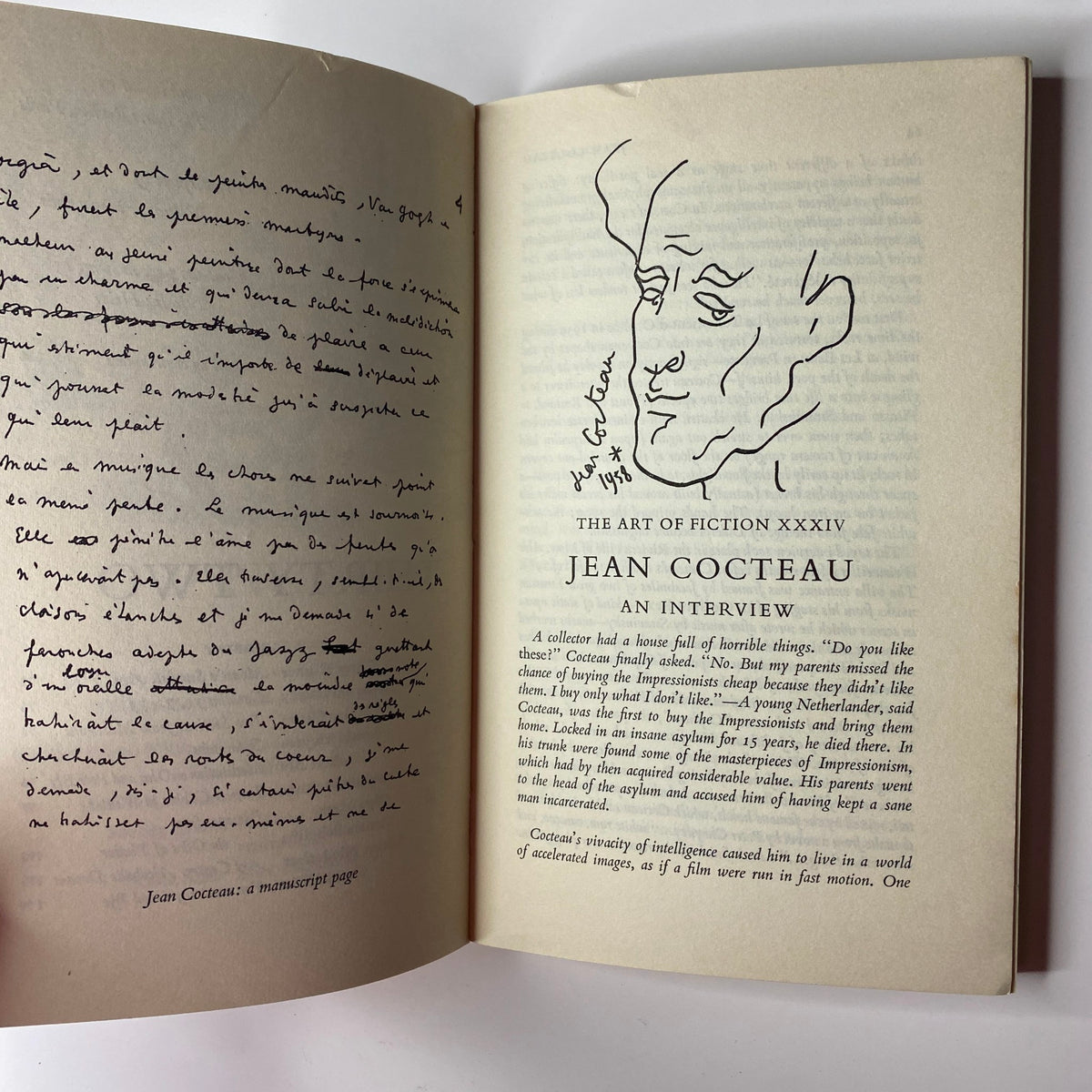 Page from The Paris Review Magazine Summer-Fall 1964 No. 32 featuring an interview with Jean Cocteau, illustrated with a sketch.