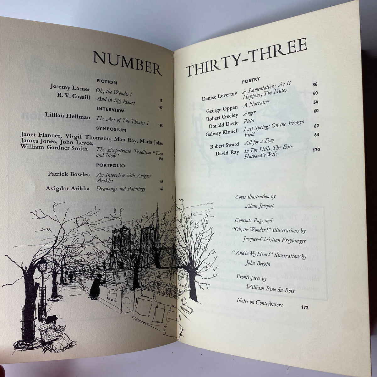 Inside pages of The Paris Review Magazine Winter-Spring 1965 No. 33 featuring the table of contents and illustrations, showcasing contributions from Jeremy Larner, R. V. Cassill, and others.