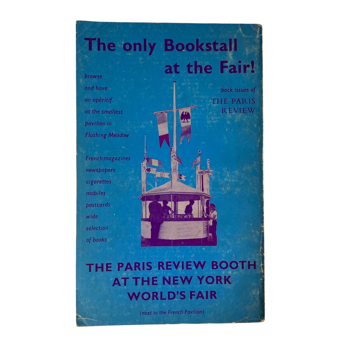 Cover of The Paris Review Magazine Winter-Spring 1965 No. 33 with promotional text for the Paris Review Booth at the New York World's Fair.