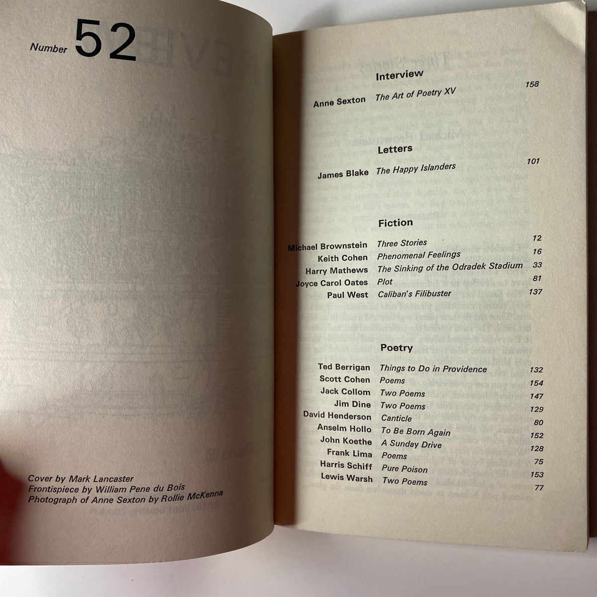 Inside contents page of The Paris Review Magazine Summer 1971 No. 52 listing interviews, letters, fiction, and poetry contributions including Anne Sexton's 'The Art of Poetry XV'.
