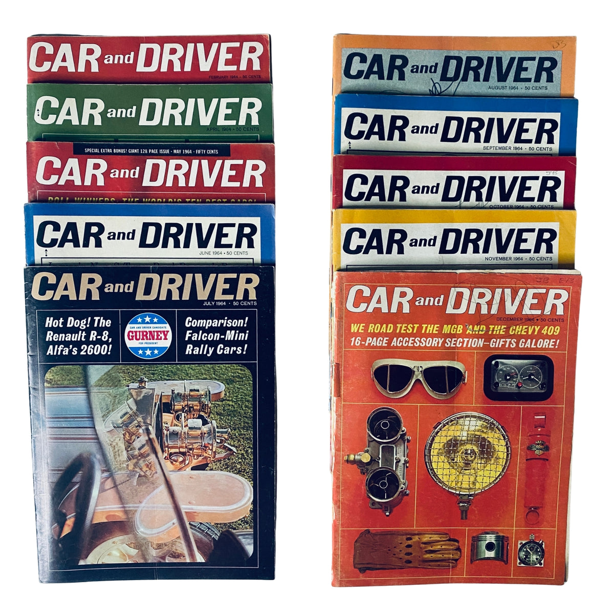 Collection of vintage Car and Driver automotive magazines from 1964 February to December, showcasing 10 distinct issues with iconic covers.