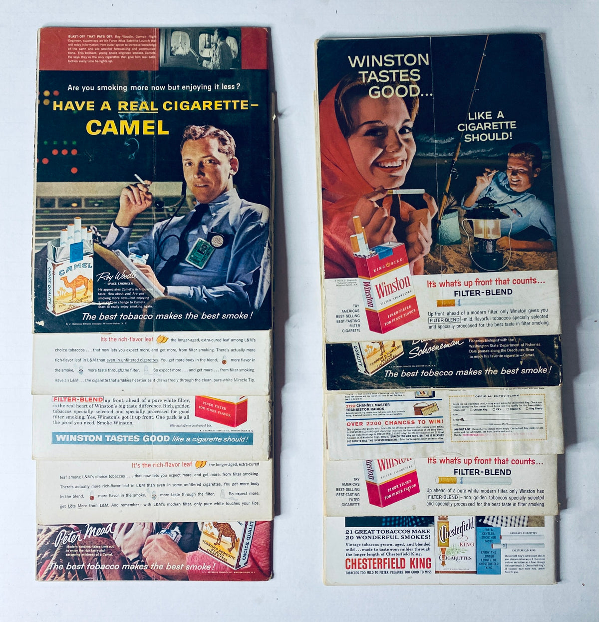 Vintage advertisement showcasing Camel cigarettes and Winston cigarettes, highlighting the best tobacco and cigarette brands from the 1960s.