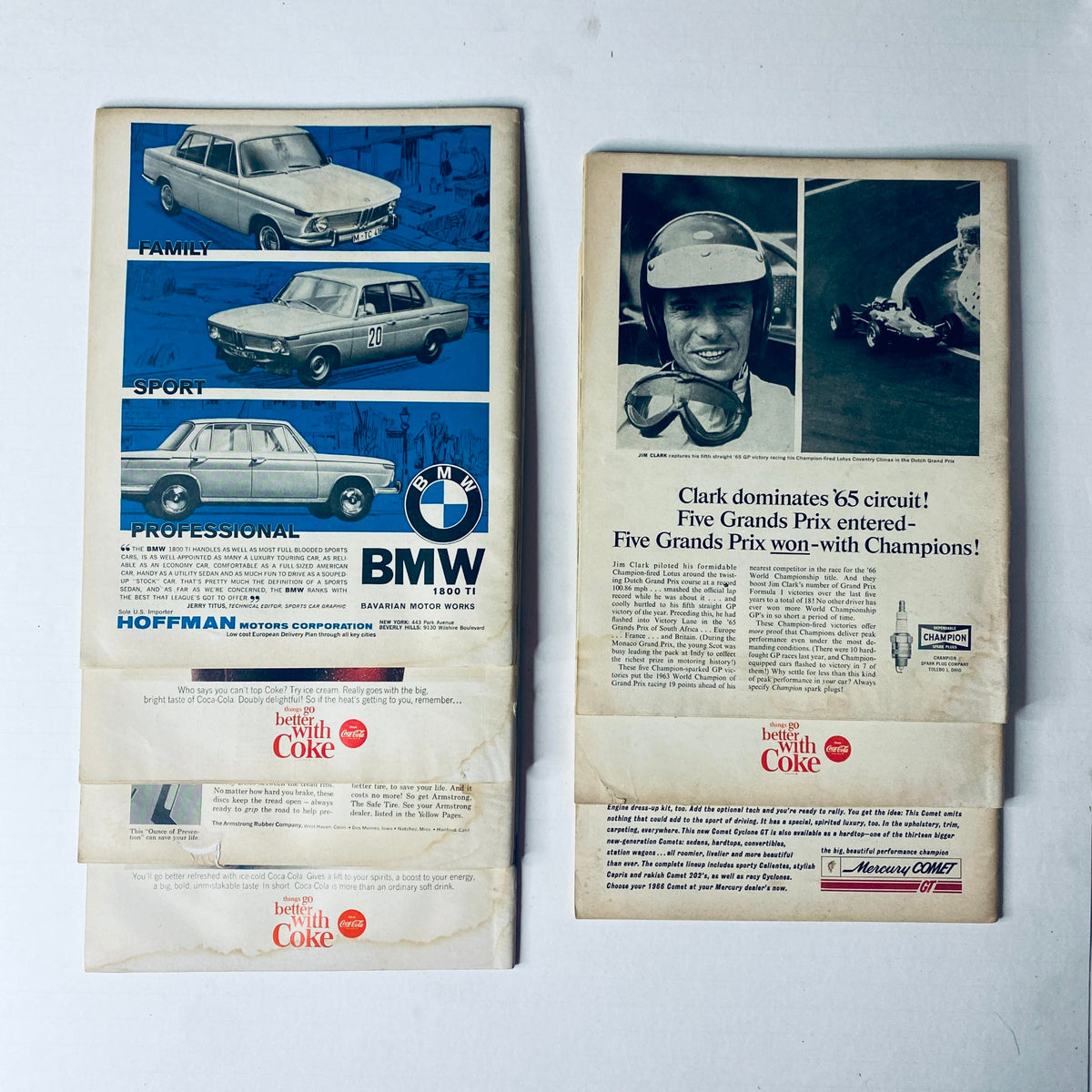 Back cover of Sports Car Graphic Magazine with advertisements, including a BMW ad and a feature on the 1965 racing circuit, from the collection of 7 magazines.