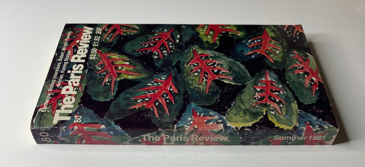 The spine of The Paris Review Magazine Summer 1981 No. 80 showcasing its vibrant cover art and highlighting key content like Barthelme and Bishop interviews. Excellent condition collectible.