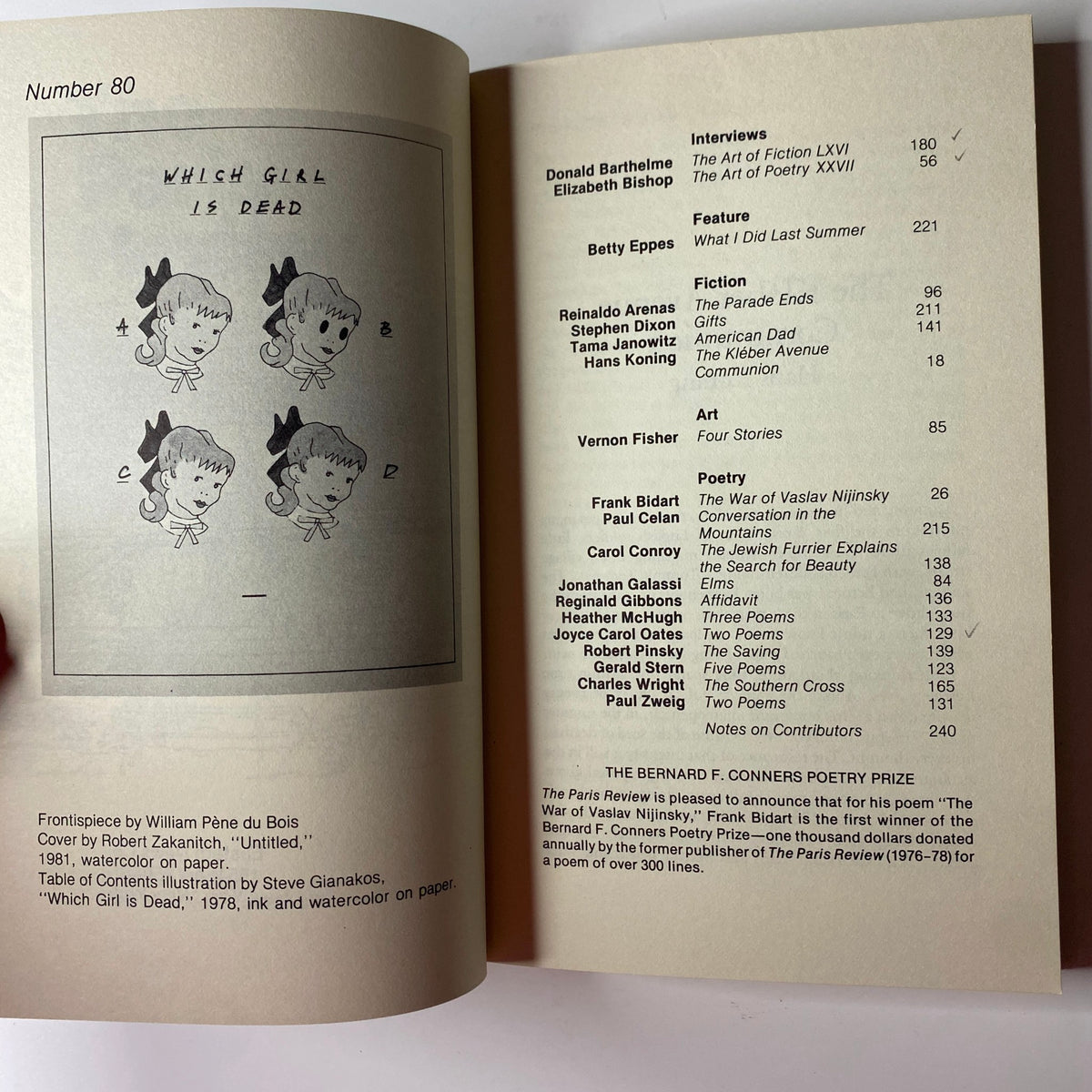 Interior page of The Paris Review Magazine Summer 1981 No. 80 illustrating the table of contents with details of key interviews and poetry. Features art by Steve Gianakos.