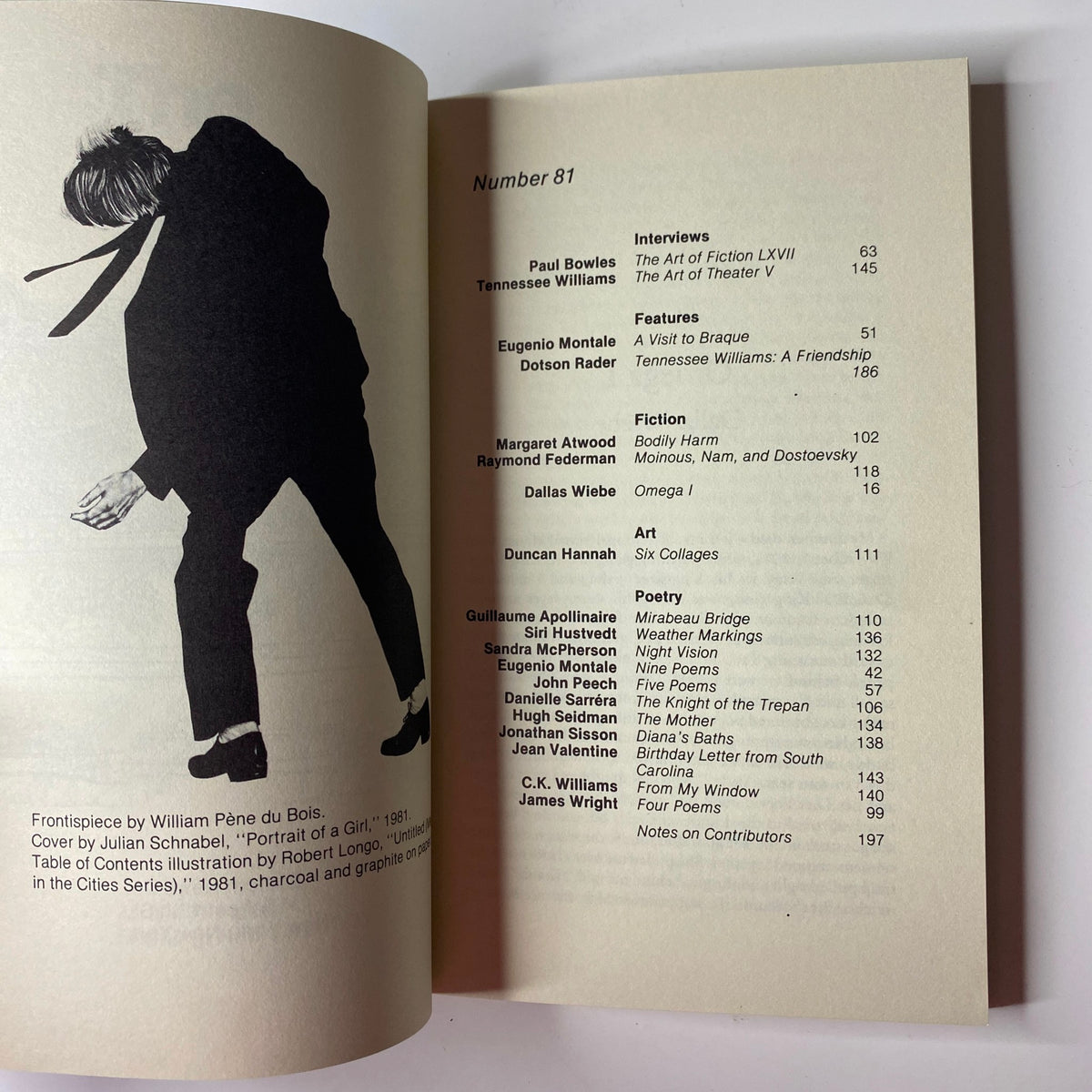 Interior page of The Paris Review magazine, Number 81, listing contents including major contributors like Paul Bowles and Tennessee Williams.