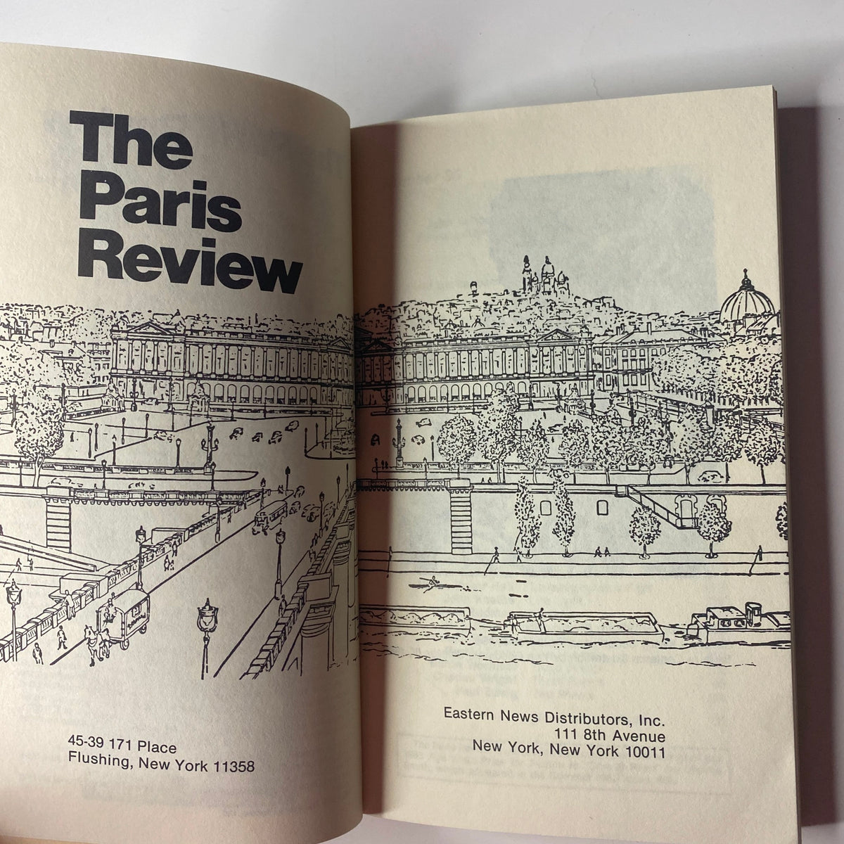 Inside page of The Paris Review Magazine Winter 1983 No. 90 displaying the publication's logo and a detailed illustration of a scenic view.