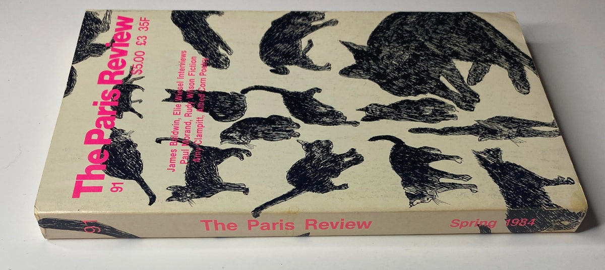 Back cover of The Paris Review Magazine Spring 1984 No. 91 showcasing a similar cat illustration, emphasizing the notable content of James Baldwin and Elie Wiesel interviews.