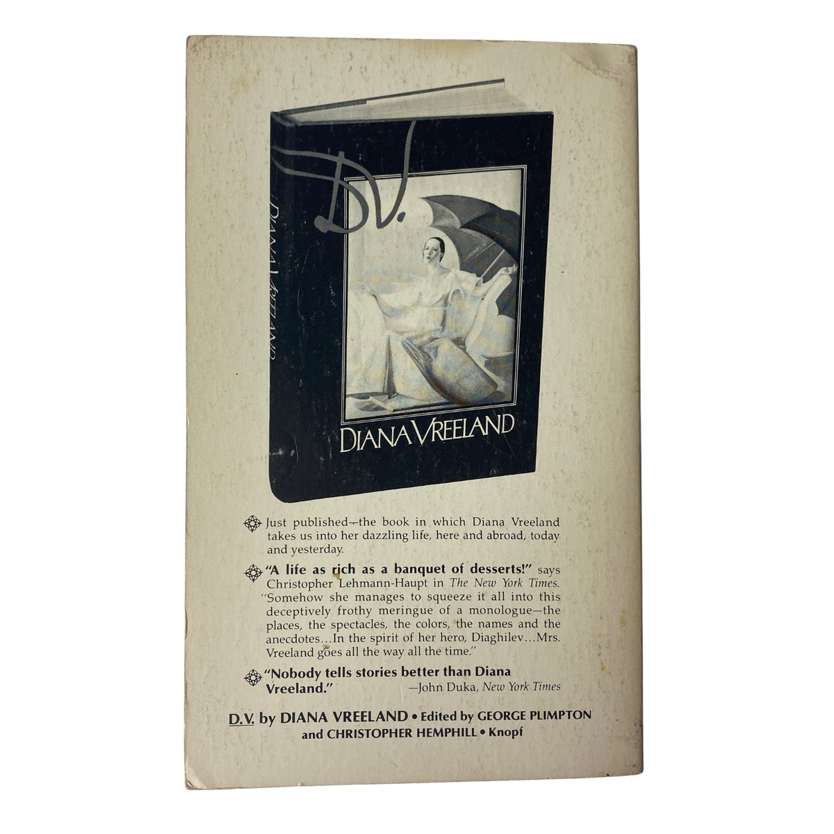 Back cover of The Paris Review Magazine Summer 1984 No. 92 displaying information about the book 'D.V.' by Diana Vreeland.