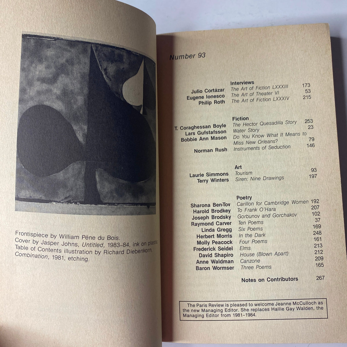Contents page of The Paris Review Magazine Fall 1984 No. 93 Julio Cortázar listing interviews, fiction, art, and poetry contributors along with page numbers.