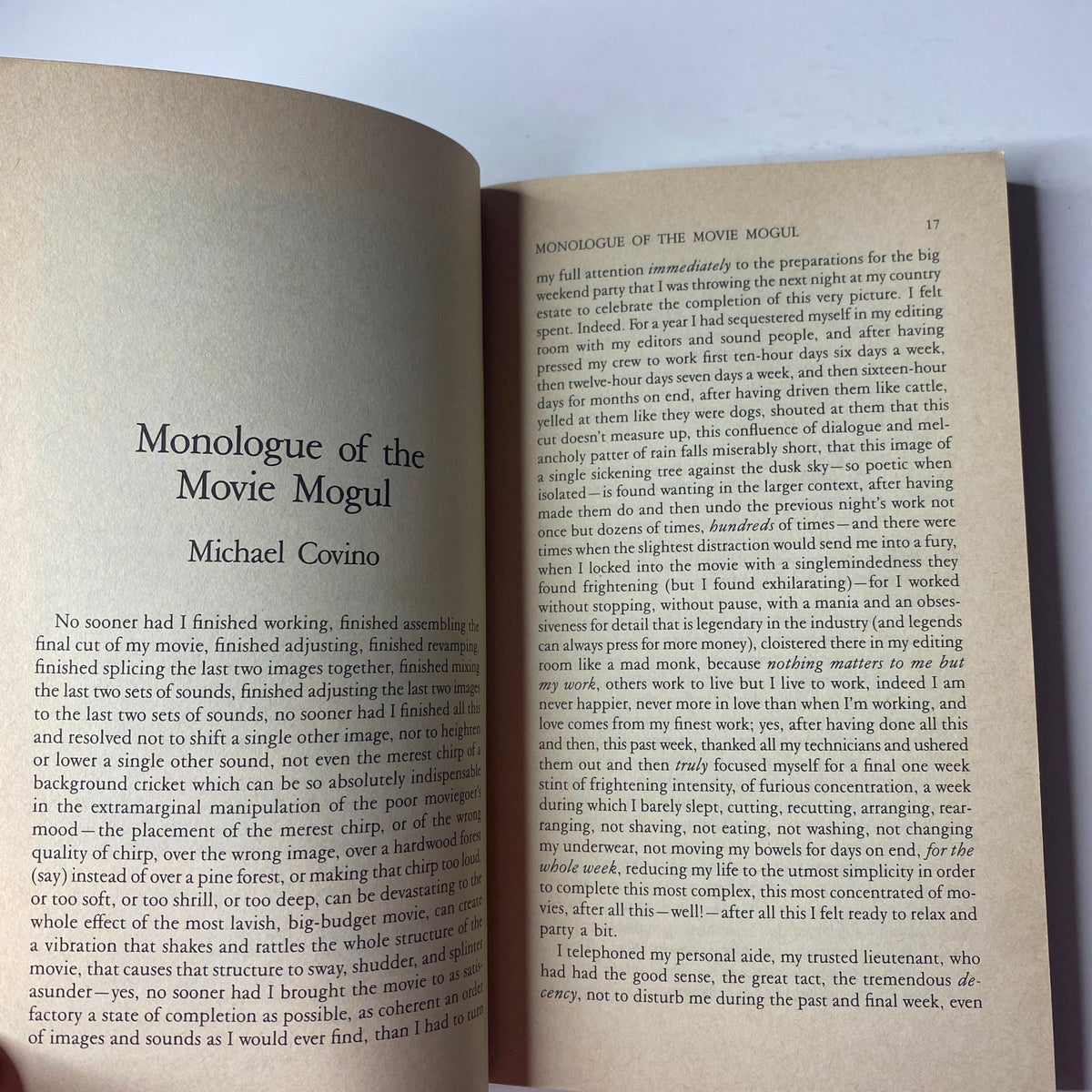 Interior page featuring 'Monologue of the Movie Mogul' by Michael Covino from The Paris Review Magazine Winter 1984 No. 94 J. G. Ballard.
