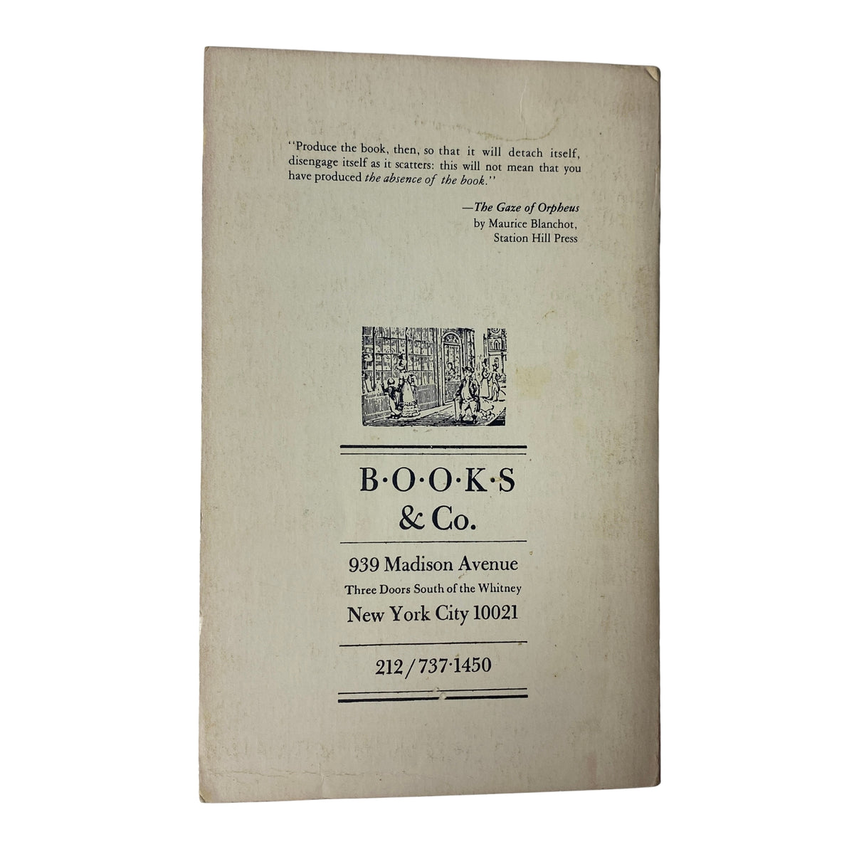 Back cover of The Paris Review Magazine Winter 1985 No. 98 with a bibliographic illustration and quote about books.