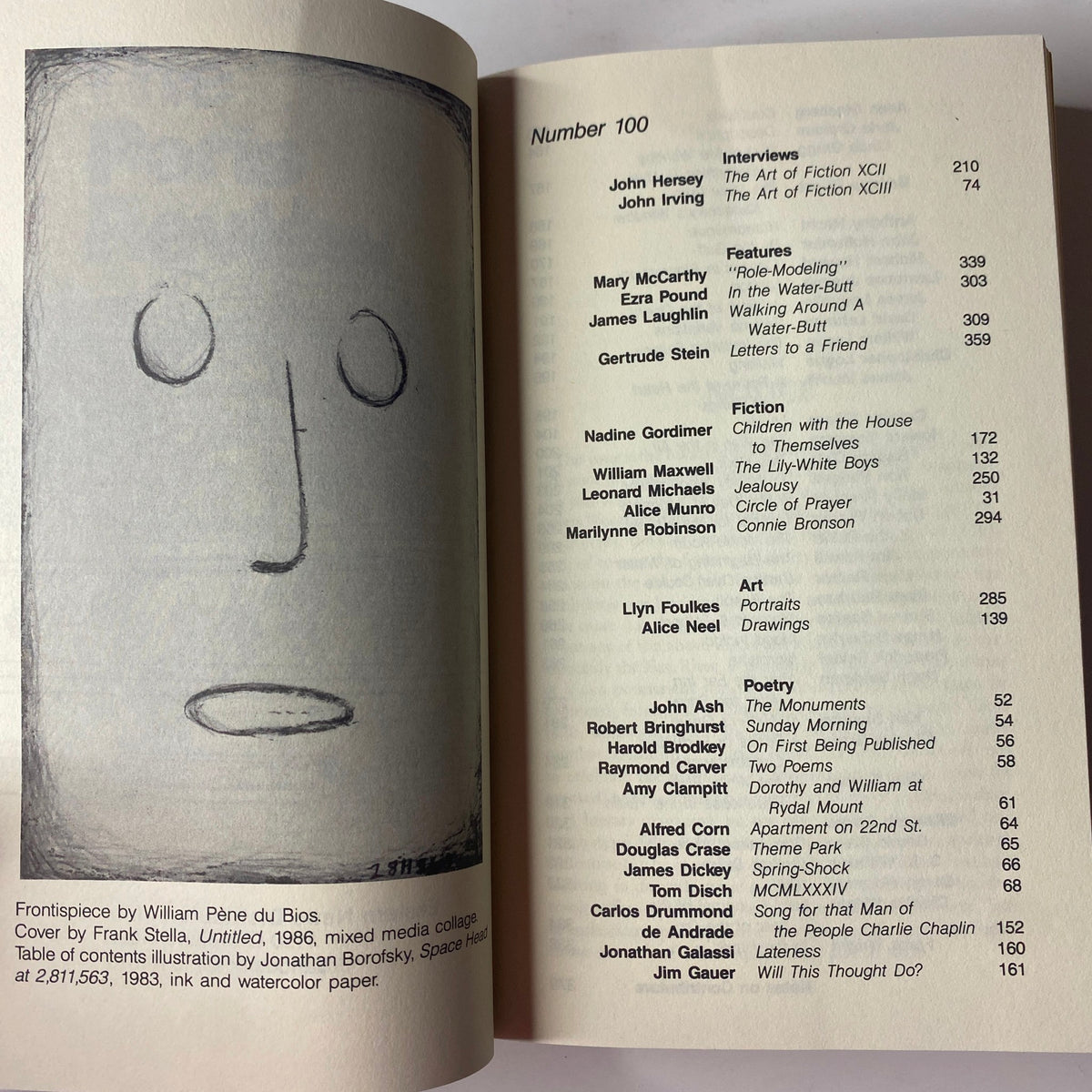 Inside page of The Paris Review Magazine Summer-Fall 1986 No. 100 listing contents including interviews with John Hersey and Mary McCarthy.