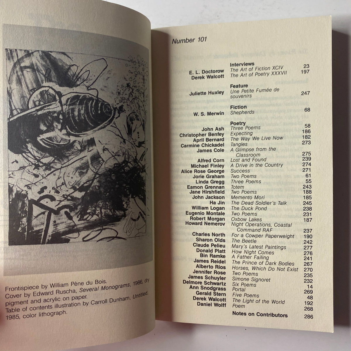 Open pages of The Paris Review Magazine Winter 1986 No. 101, displaying the table of contents with interviews with E. L. Doctorow and Derek Walcott, along with a feature by Juliette Huxley.
