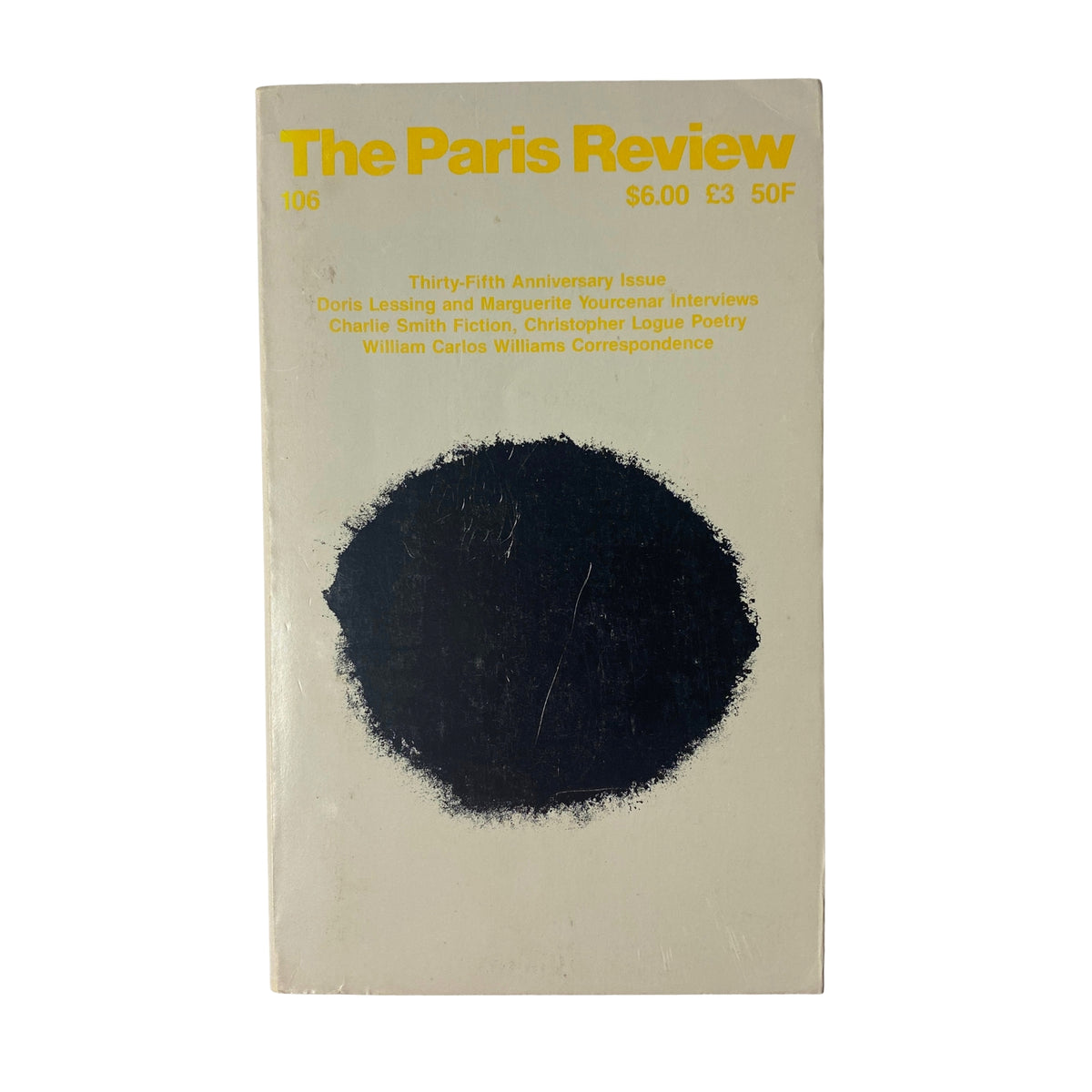 Cover of The Paris Review Magazine Spring 1988 No. 106, featuring a minimalist design with a dark circular graphic. Highlights include interviews with Doris Lessing and Marguerite Yourcenar, along with contributions from notable writers such as Charlie Smith and William Carlos Williams.