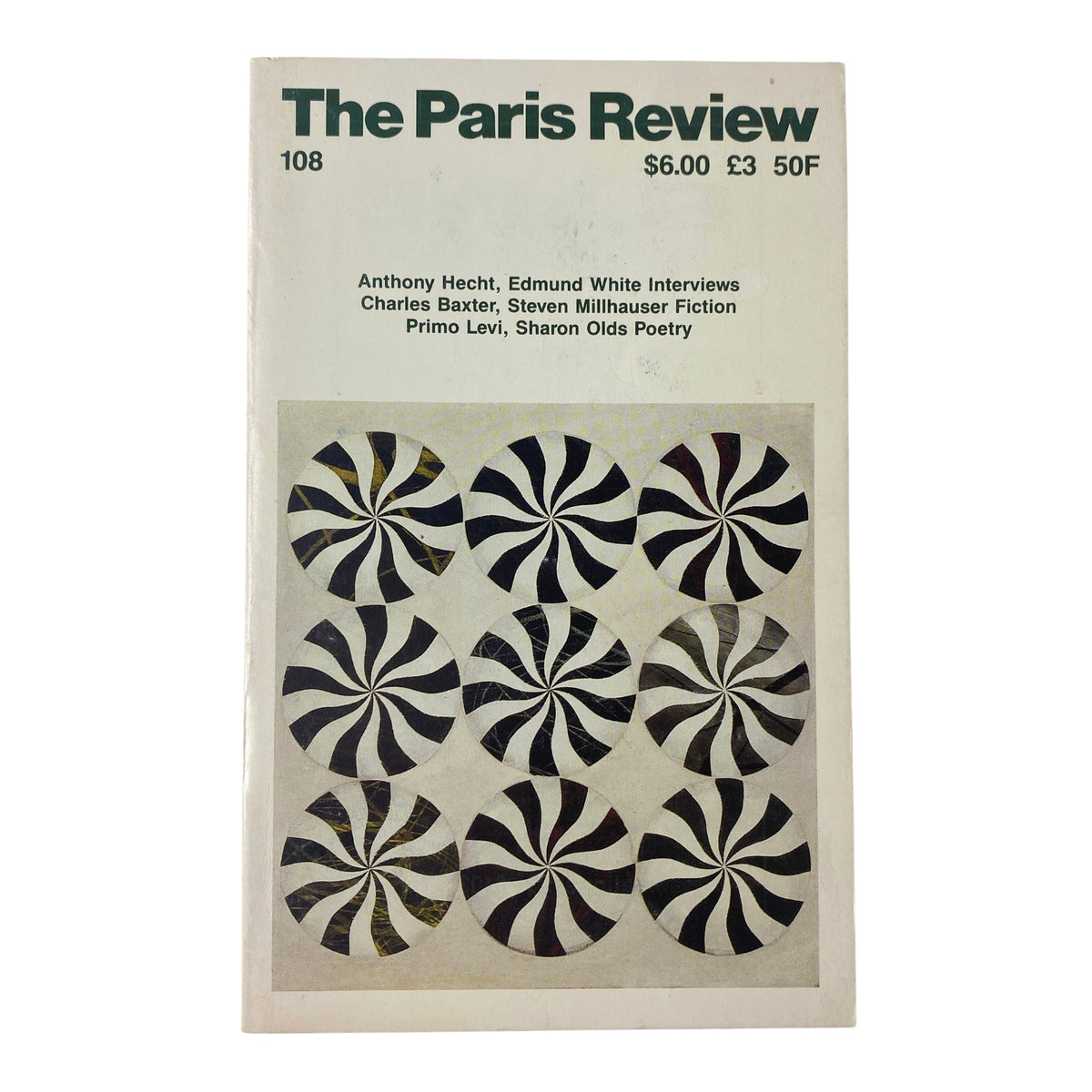 Cover of The Paris Review Magazine Fall 1988 No. 108 featuring a unique swirling design, showcasing interviews with Anthony Hecht and Edmund White alongside fiction by Charles Baxter and Steven Millhauser.