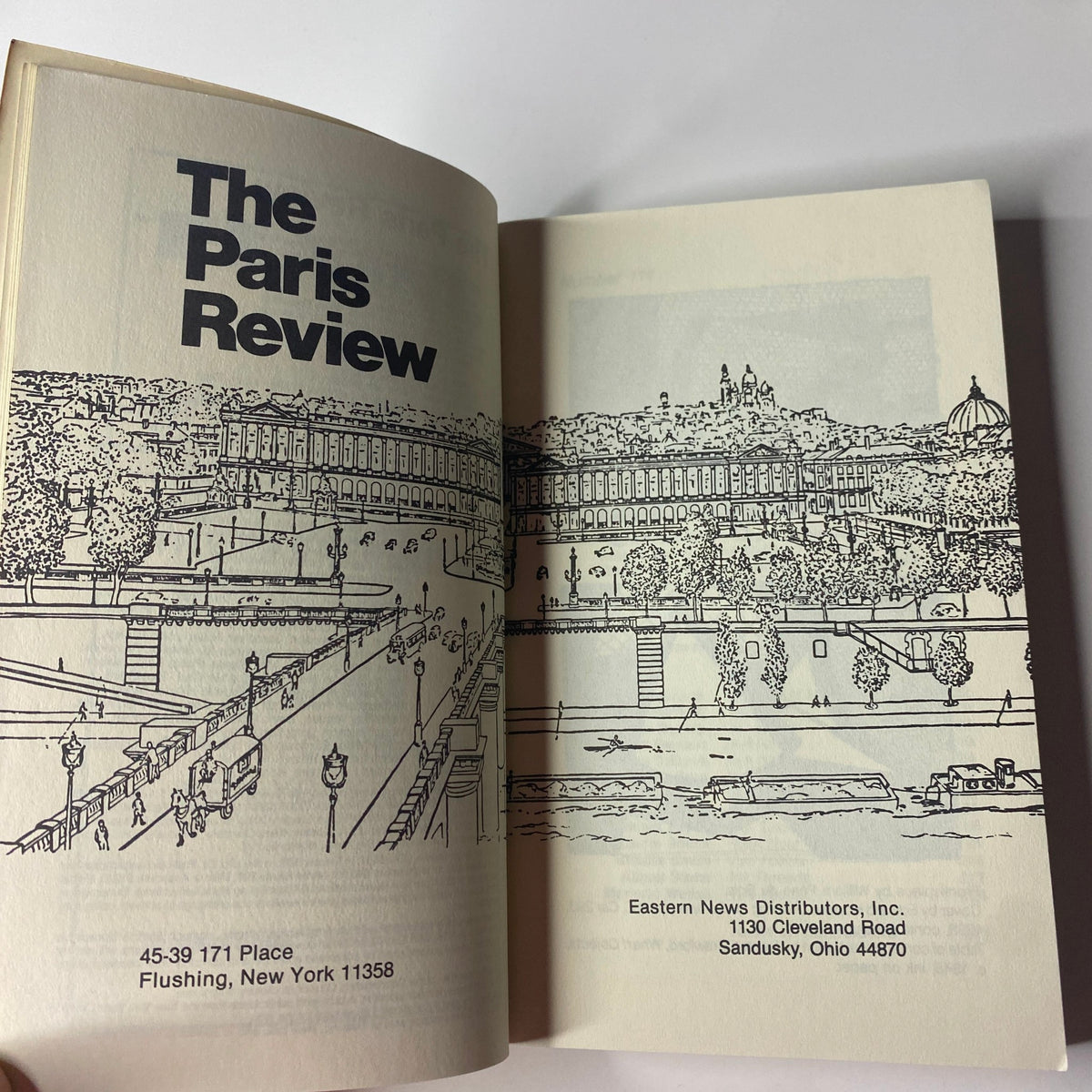 Inside spread of The Paris Review Magazine Summer 1989 No. 111 displaying the publication's details and artistic illustration of a historical site.
