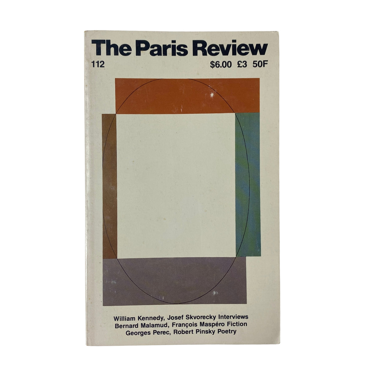 Cover of The Paris Review Magazine Winter 1989 No. 112 featuring a minimalist design with geometric shapes and titles including interviews with William Kennedy and Josef Škvorecky.