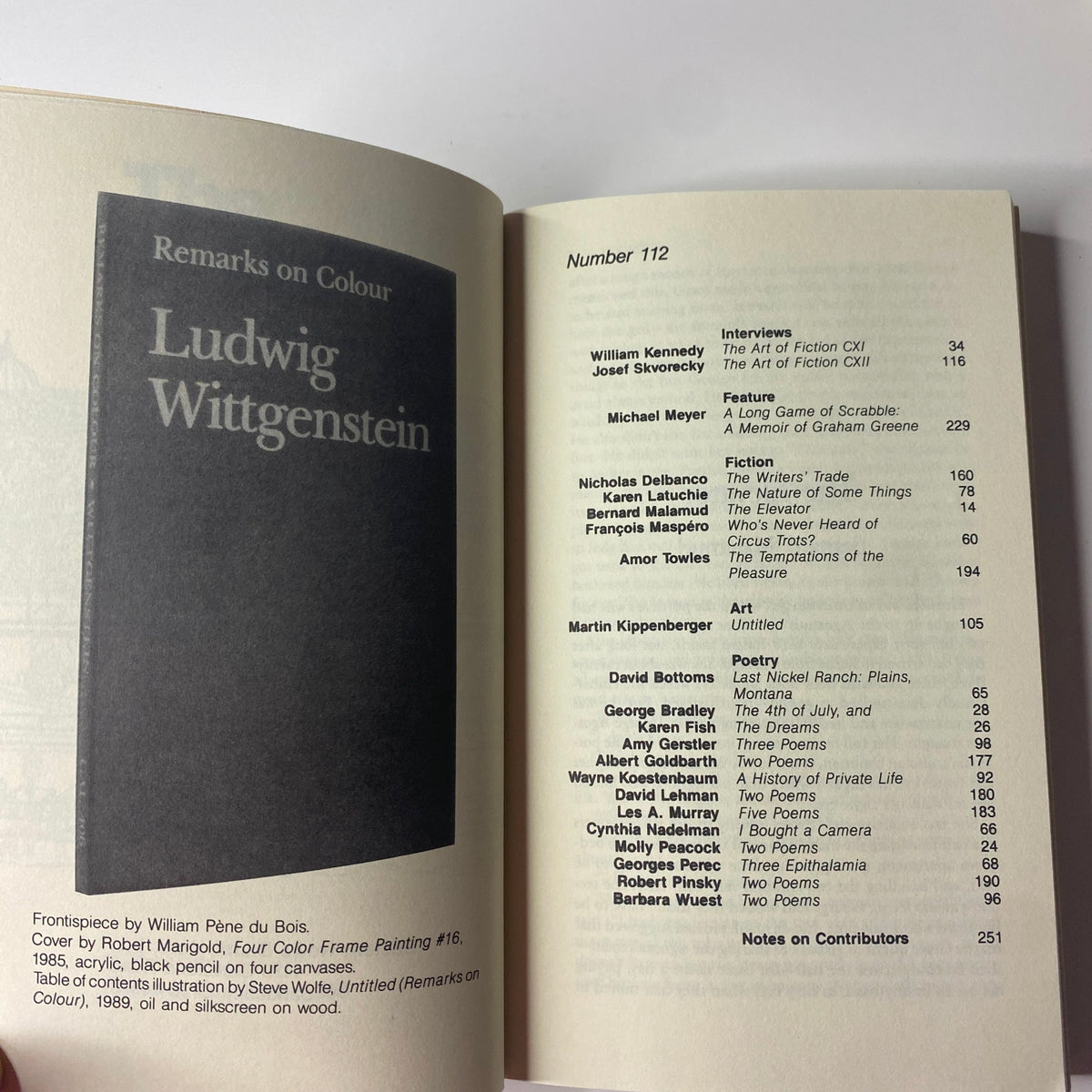 Inside page of The Paris Review Magazine Winter 1989 No. 112 featuring the frontispiece by William Pène du Bois and the table of contents including interviews and literary works.
