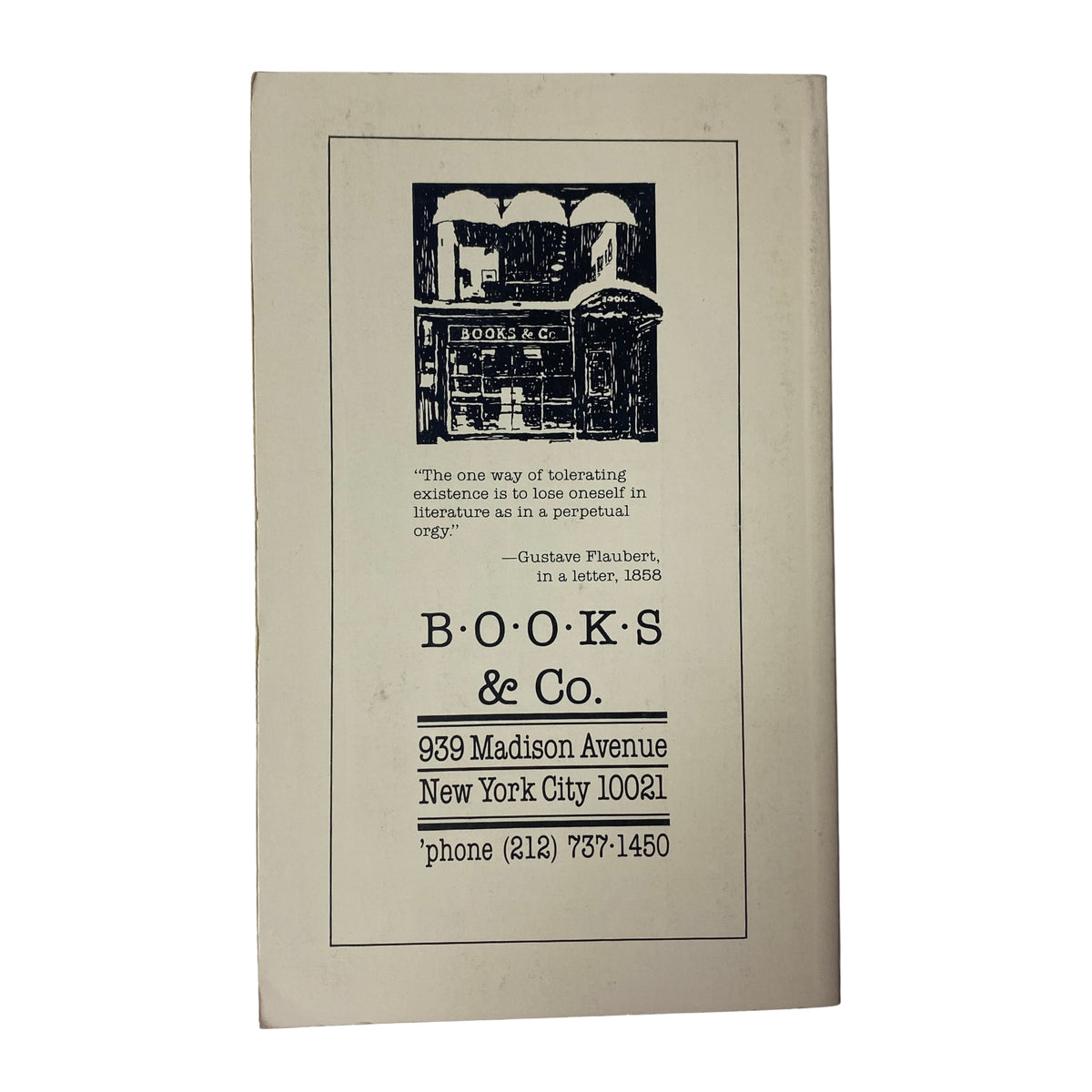 Back cover of The Paris Review Magazine Winter 1989 No. 112 featuring an advertisement for Books & Co. in New York City, including a quote from Gustave Flaubert.