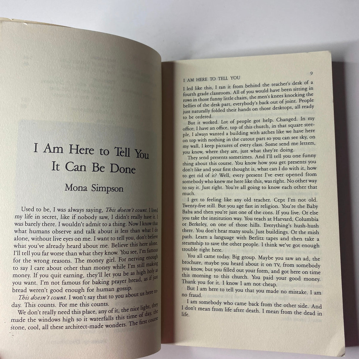 Text page from The Paris Review Magazine Fall 1990 No. 116 containing the beginning of Mona Simpson's story 'I Am Here to Tell You It Can Be Done'.