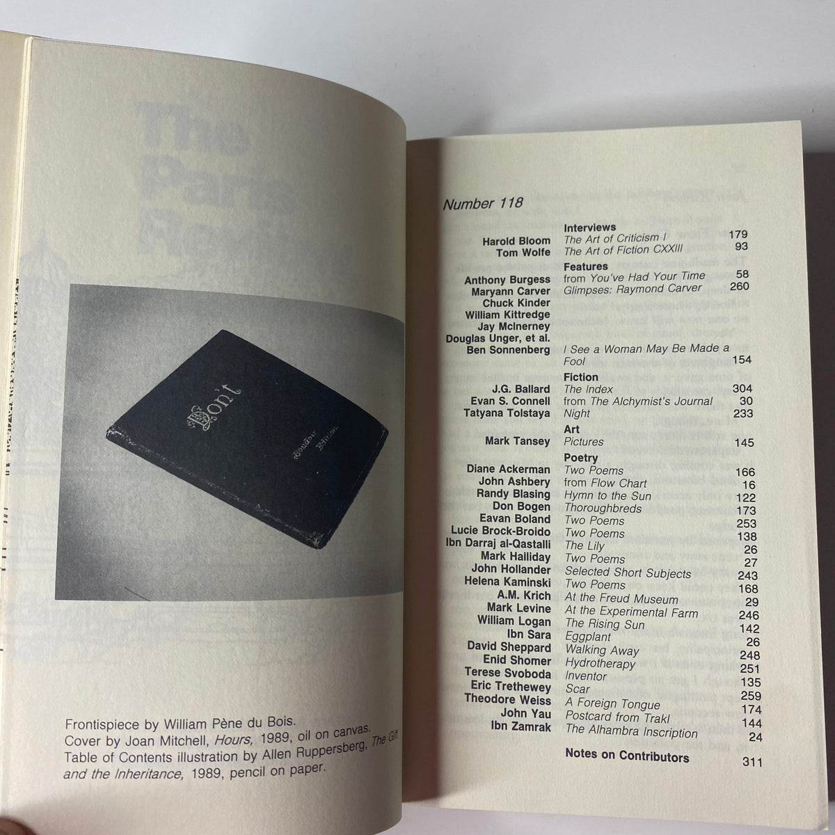 Table of contents page from The Paris Review Magazine Spring 1991 No. 118 listing interviews with Harold Bloom and Tom Wolfe among other features.