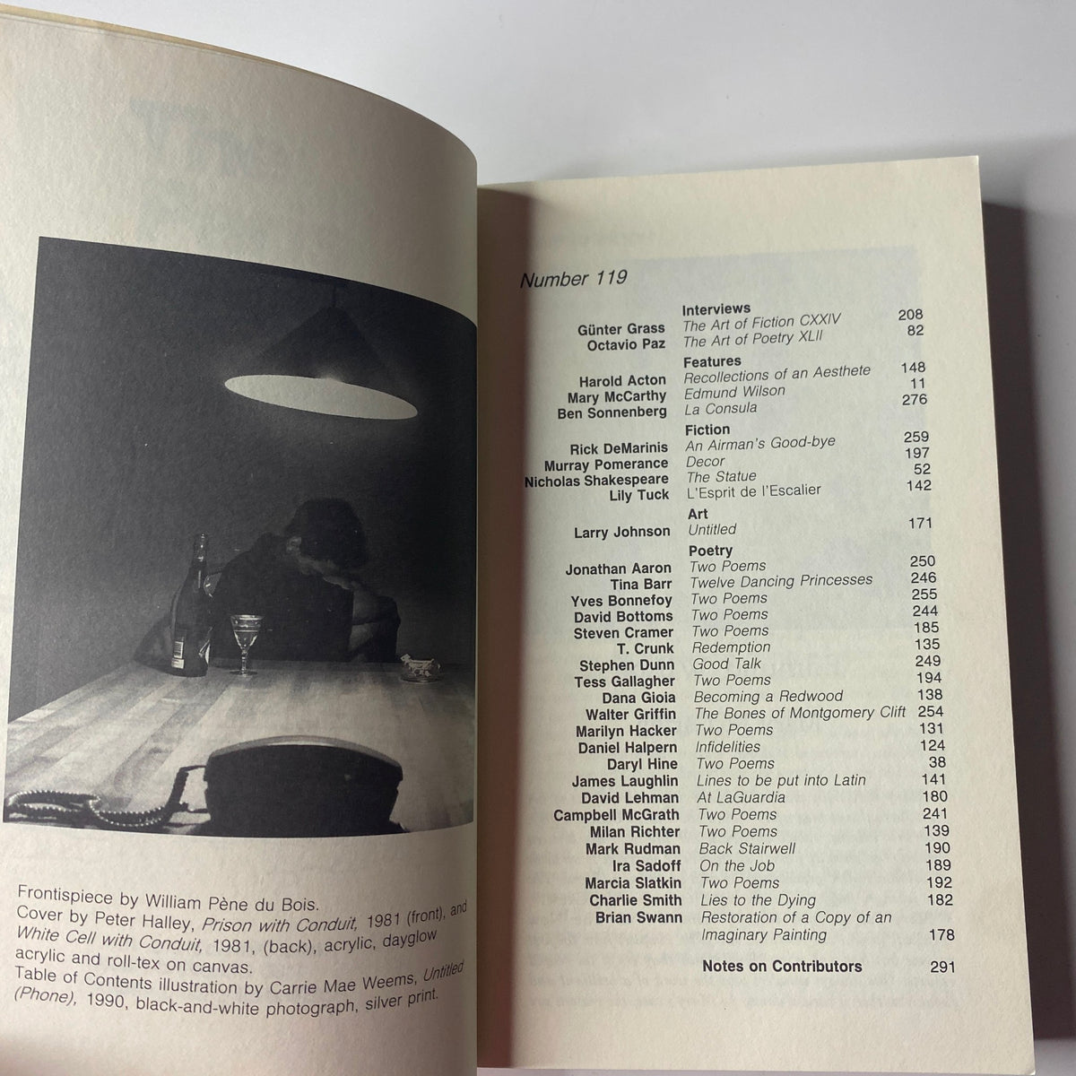 Inside page of The Paris Review Magazine Summer 1991 No. 119 showing the contents list, including featured interviews with Günter Grass and Octavio Paz, and works by Rick DeMarinis and Nicholas Shakespeare.