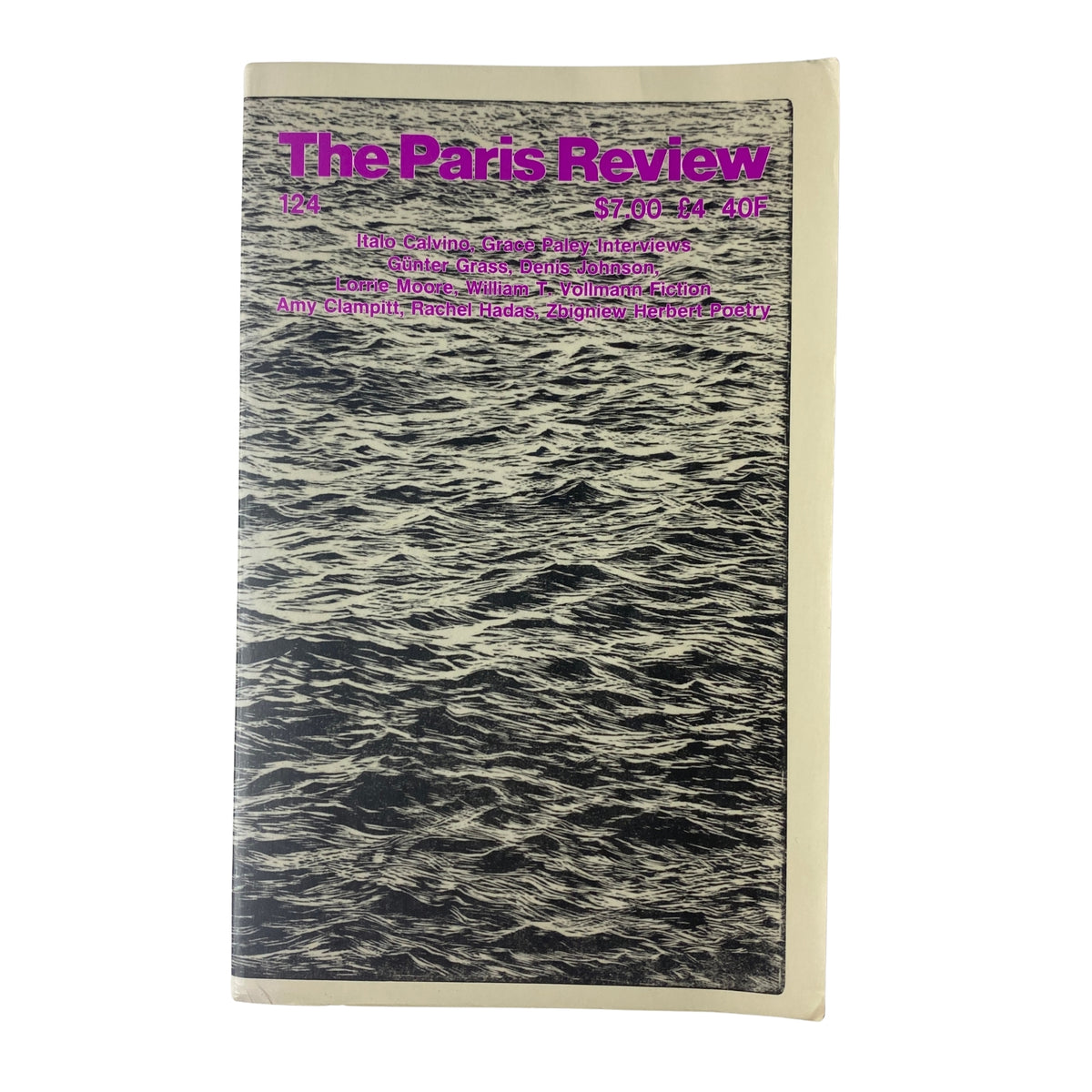 Cover of The Paris Review Magazine Fall 1992 No. 124 featuring a woodcut image by Vija Celmins, highlighting literary contributions from Italo Calvino, William S. Burroughs, and more.