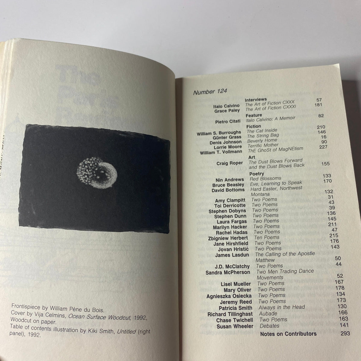 Table of contents page from The Paris Review Magazine Fall 1992 No. 124, listing notable contributors including Italo Calvino and William S. Burroughs.