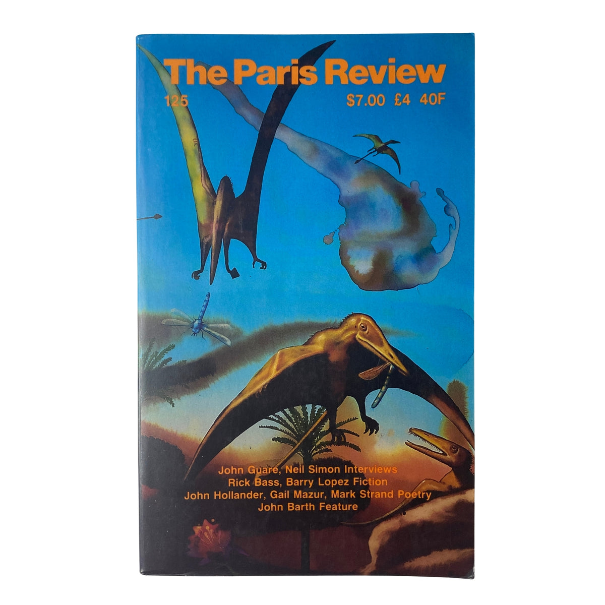 The Paris Review Magazine Winter 1992 No. 125 featuring John Barth, showcasing vibrant artwork with pterosaurs on the cover, including interviews with John Guare and Neil Simon.