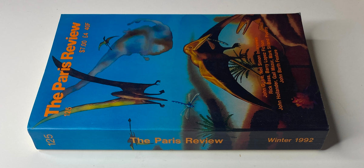 Spine view of The Paris Review Magazine Winter 1992 No. 125, highlighting the title and indicating very good condition with a colorful design featuring pterosaurs.