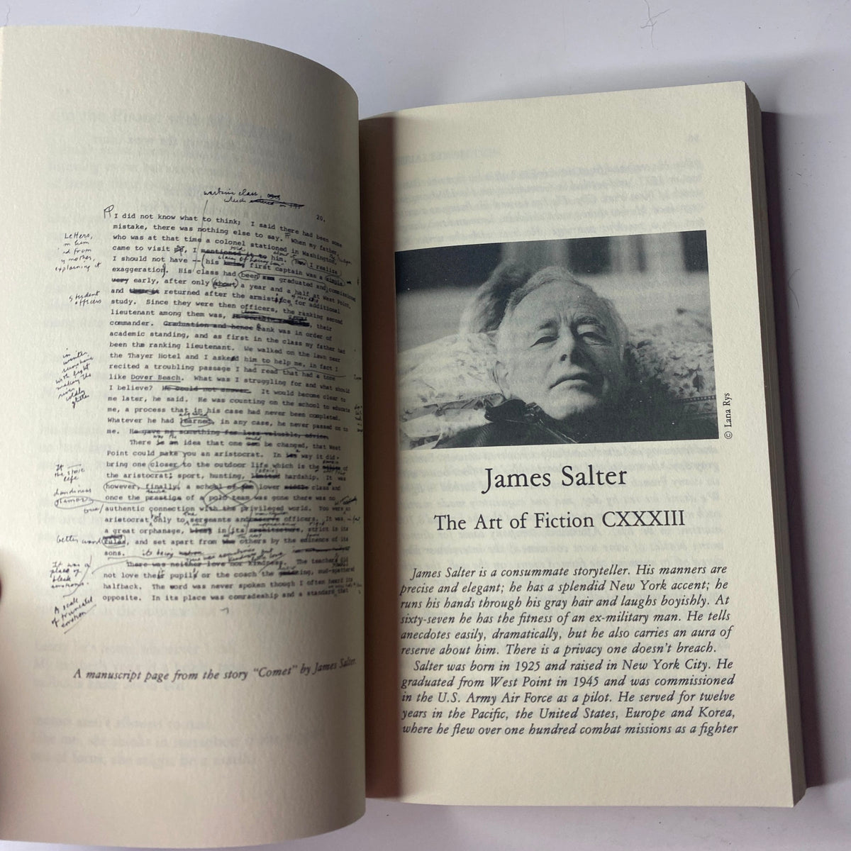 Inside page of The Paris Review Magazine Summer 1993 No. 127 featuring an excerpt from James Salter's interview titled 'The Art of Fiction CXXXIII' with a portrait photograph of Salter. This issue highlights literary discussions with notable authors.