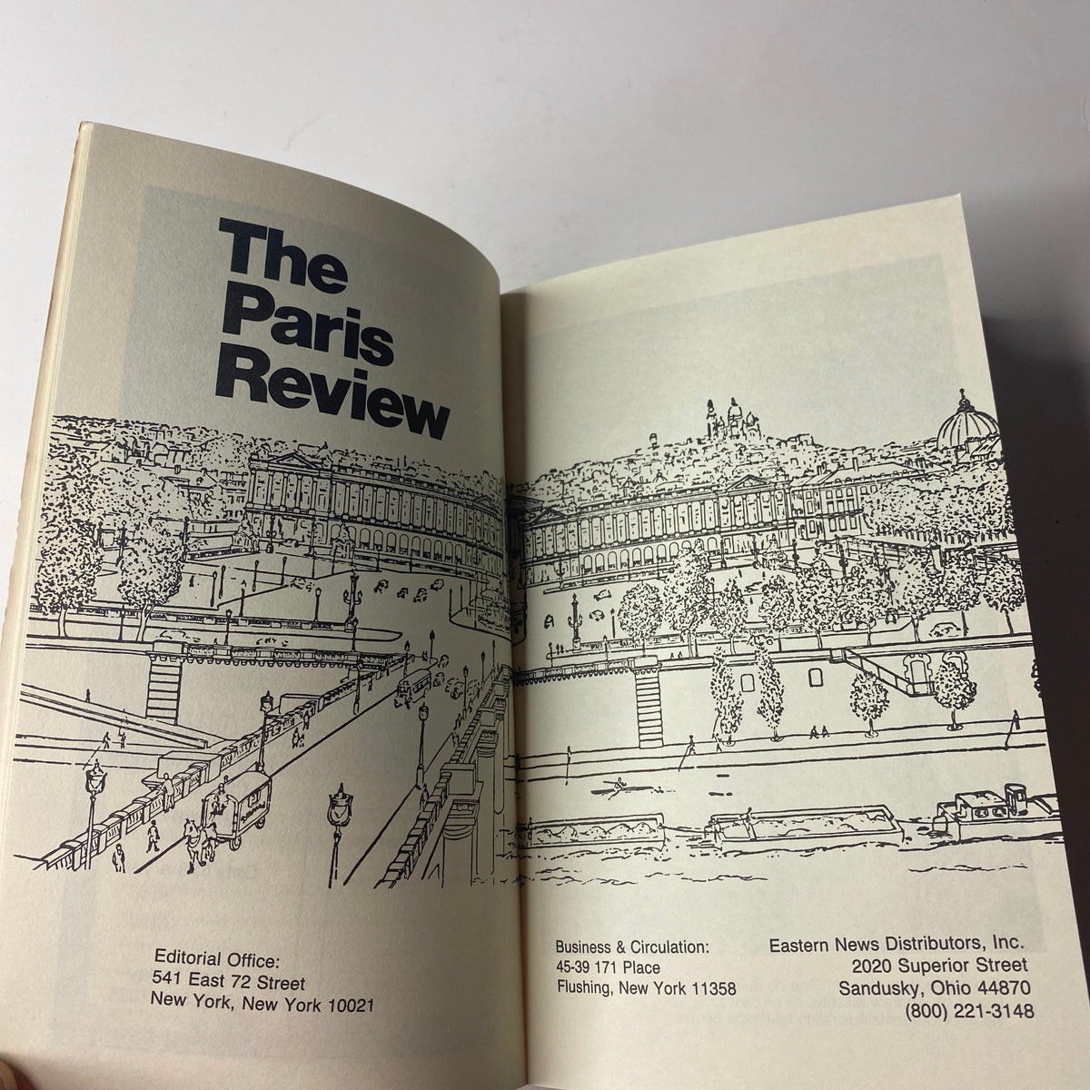 Inside page of The Paris Review Magazine Fall 1994 No. 132 featuring a line drawing of a Parisian landscape with editorial office details.