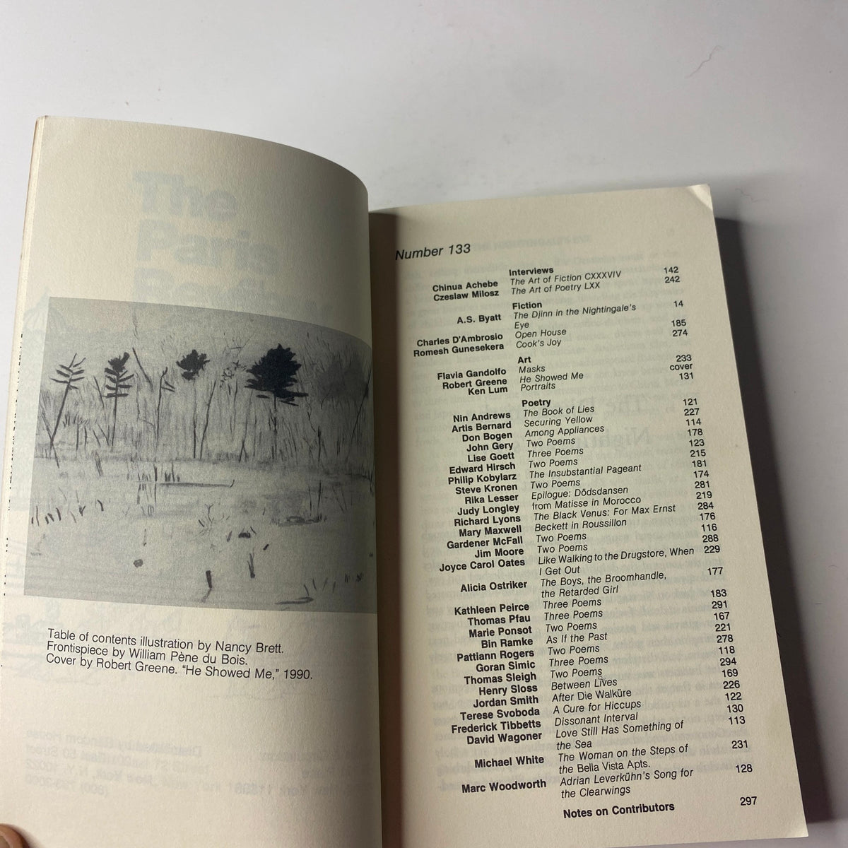 Inside page of The Paris Review Magazine Winter 1994-1995 No. 133 showing the table of contents with illustrations, listing significant contributors.