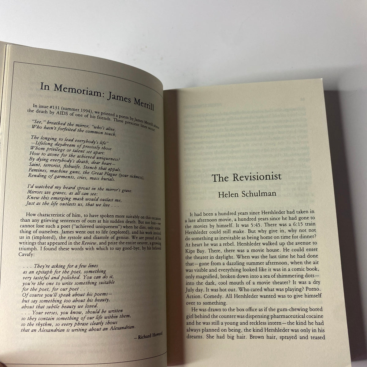Inside pages of The Paris Review Magazine Spring 1995 No. 134 featuring 'In Memoriam: James Merrill' and 'The Revisionist' by Helen Schulman, showcasing literary content and poetry.