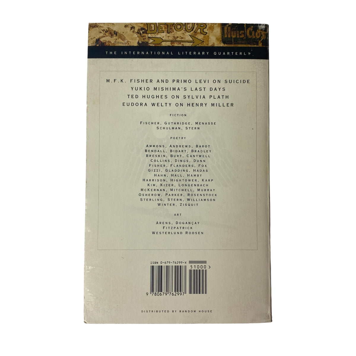 Back cover of The Paris Review Magazine Spring 1995 No. 134 highlighting contributions from M.F.K. Fisher, Primo Levi, and Ted Hughes, featuring details on literary content.